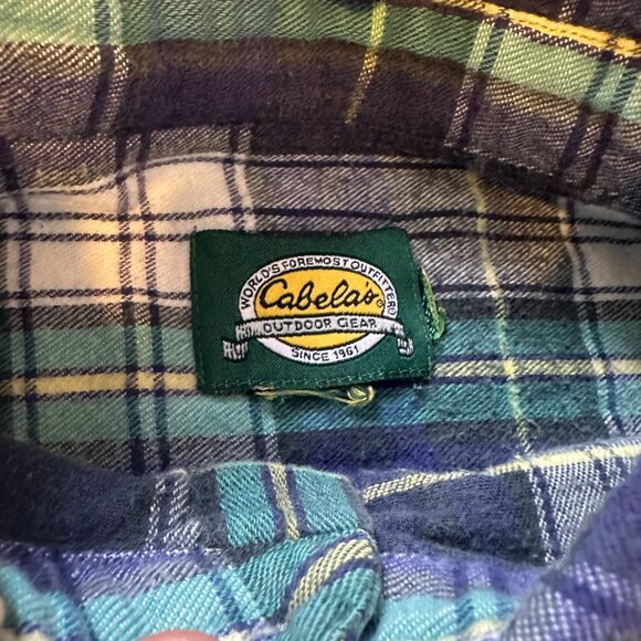 Cabela's Casual Button Down Mens Large - XL Green Plaid Rugged Flannel Shirt - Picture 3 of 5
